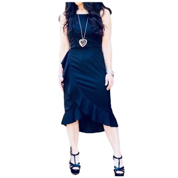 Black Sleeveless Ruffle Trimmed High Low Midi NEW - Picture 3 of 14